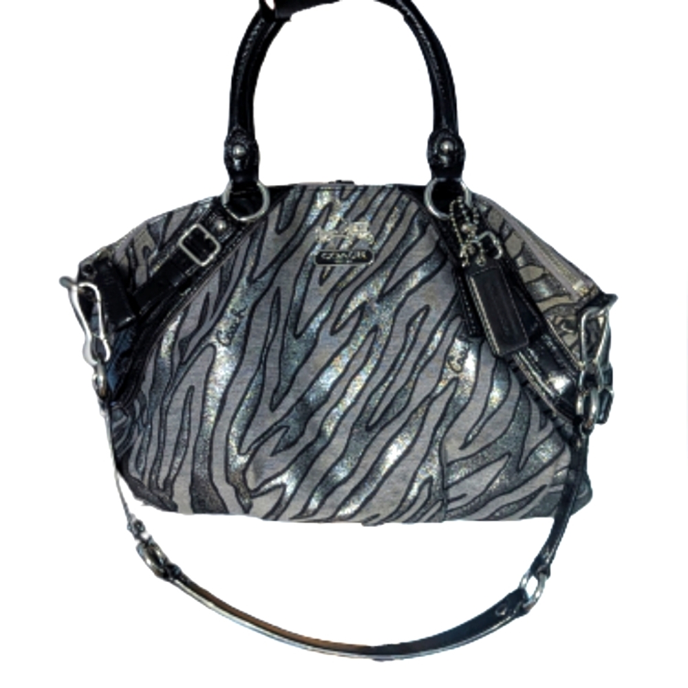 EUC Coach Madison silver zebra print canvas with black patent leather handles